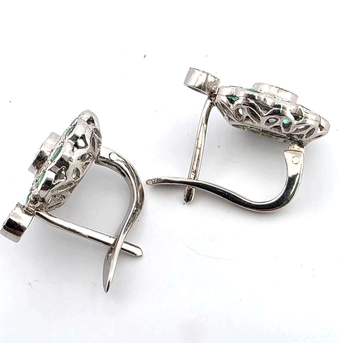 Platinum Lever-back Earrings with Emeralds and Diamonds