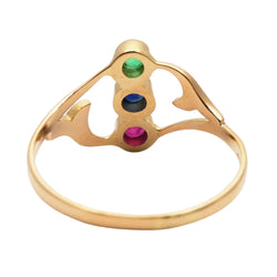 Trilogy Ring in yellow gold, emerald, sapphire, and ruby