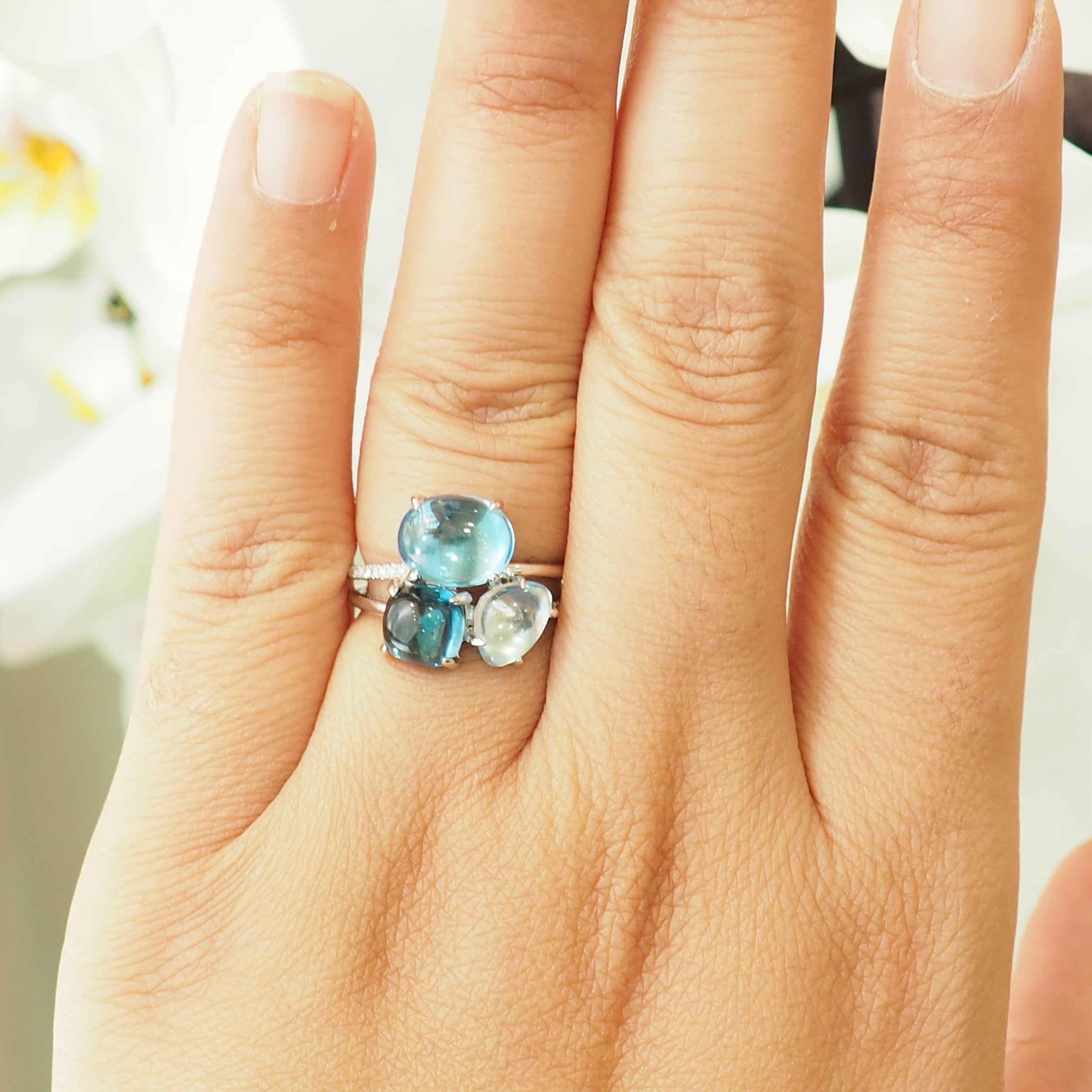 Trilogy Ring in white gold, aquamarine, topaz and diamonds