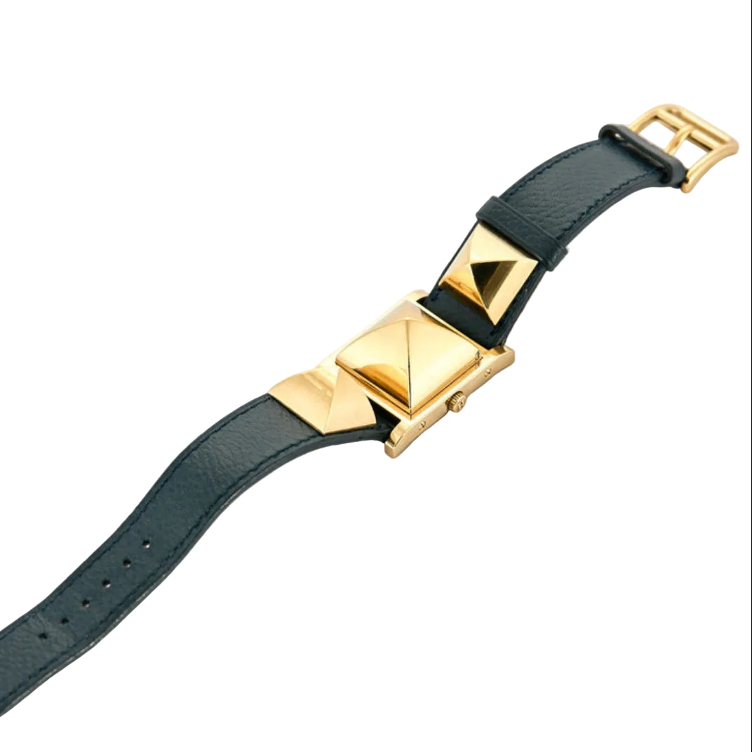 Watch Hermès "Medor" - Blue leather and gold plated