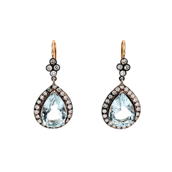 Drop Earrings in Yellow Gold, Silver, Aquamarines, and Diamonds