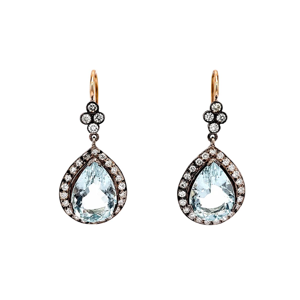 Drop Earrings in Yellow Gold, Silver, Aquamarines, and Diamonds