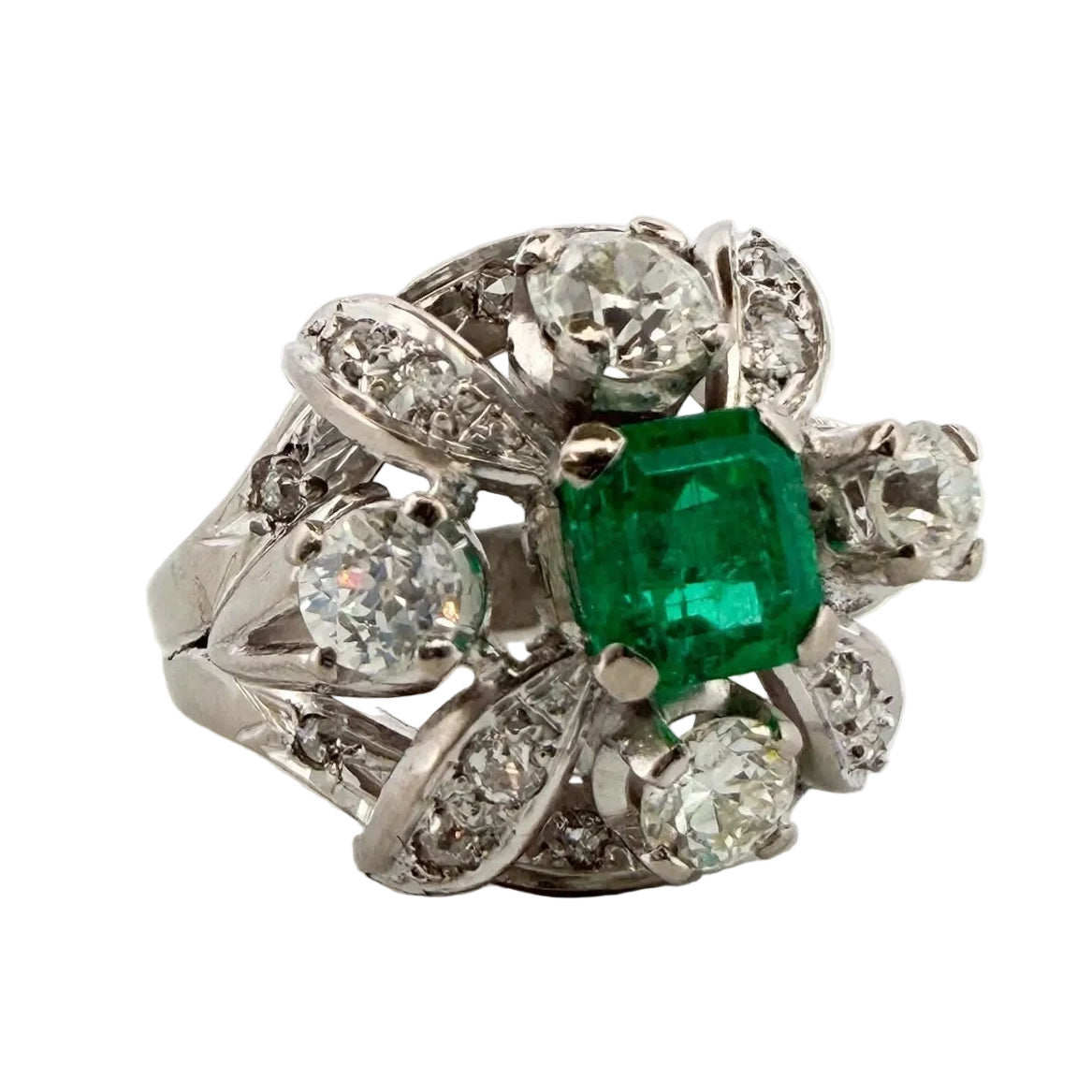 Cocktail Ring in Platinum, Emerald, and Diamonds