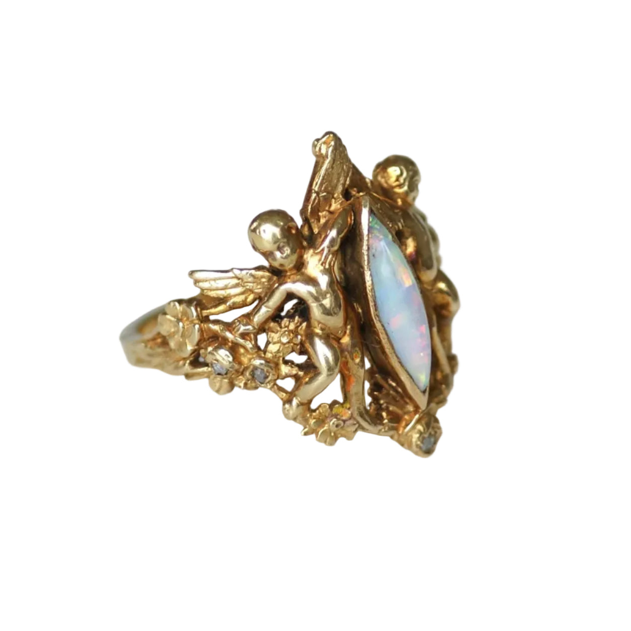 Vintage Angel Ring with Opal and Diamonds in Yellow Gold
