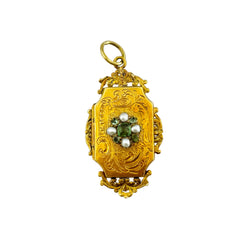 Yellow gold locket with pearls and emeralds