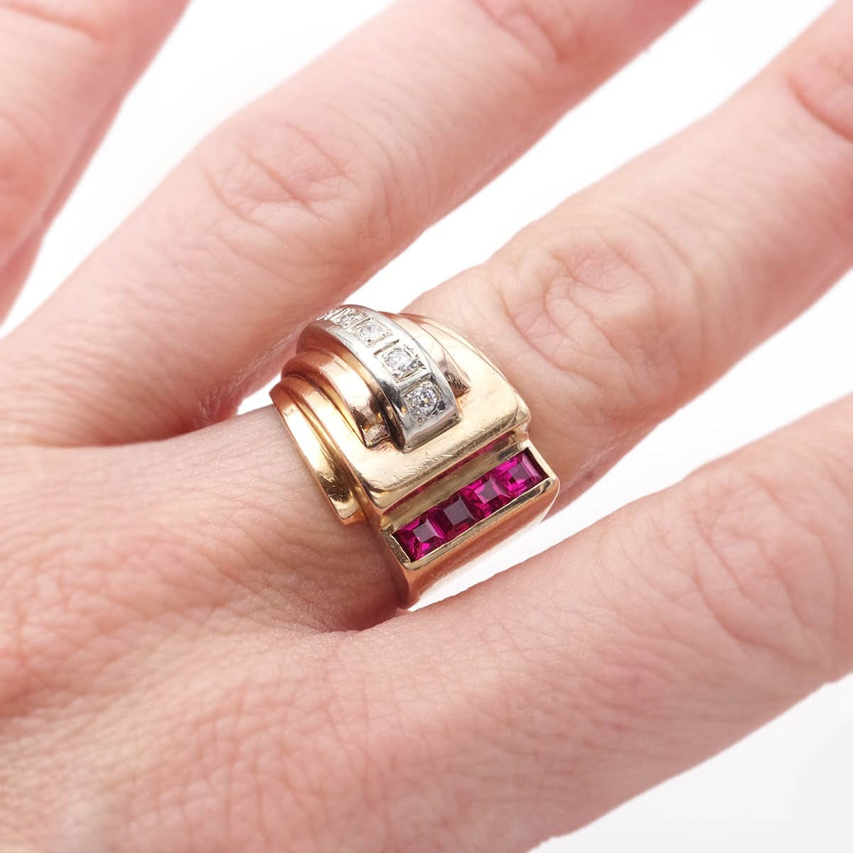 Tank Ring in yellow gold, Platinum, Rubies, and Diamonds