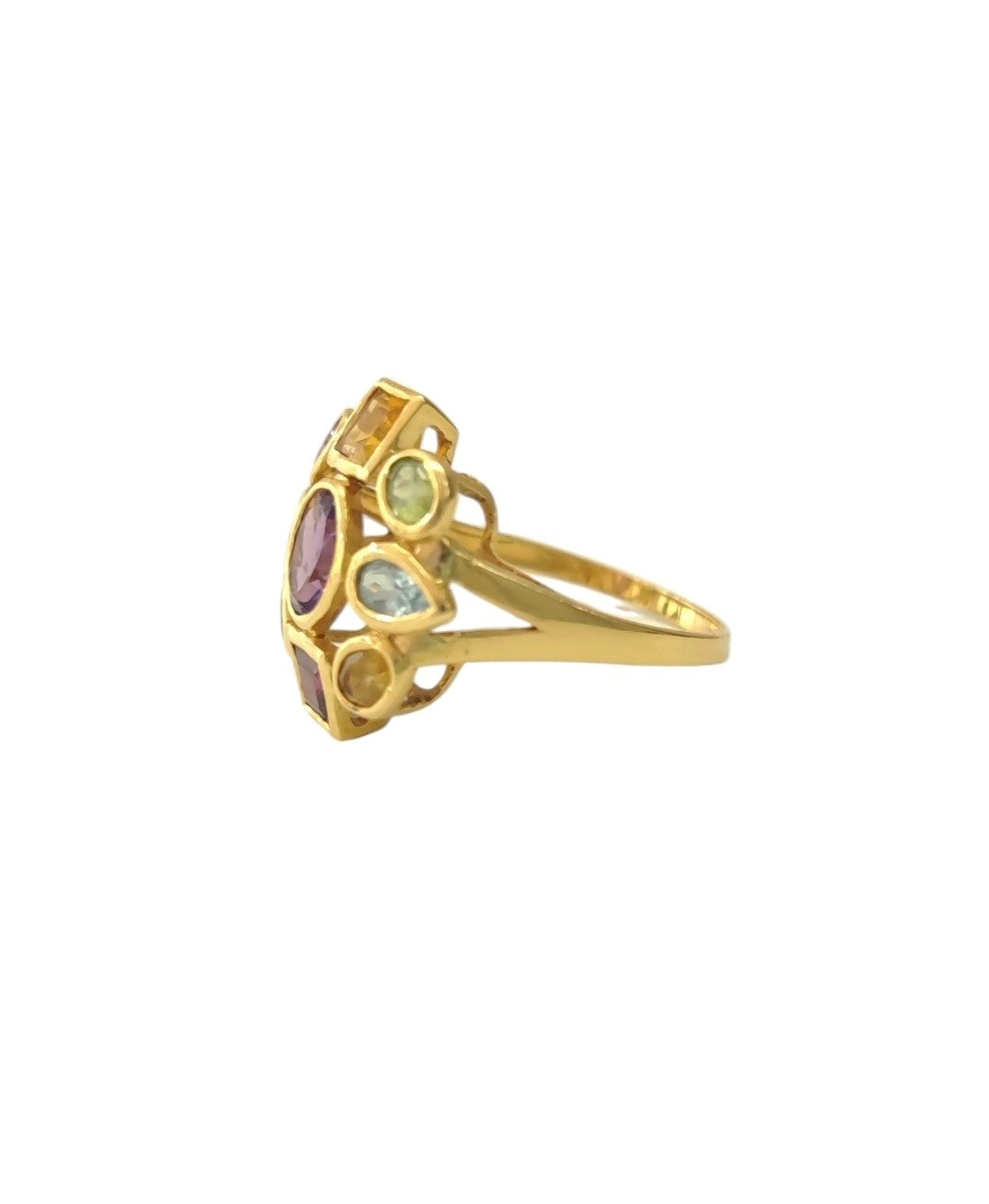 Bague Cocktail en or jaune, améthyste, péridots, aigues-marines, citrines et rhodolites