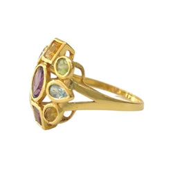 Cocktail Ring in yellow gold with Amethyst, Peridot, Aquamarine, Citrine, and Rhodolites