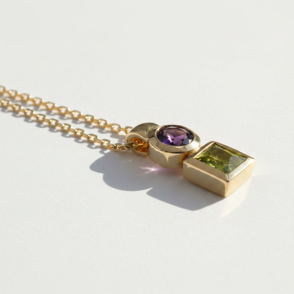 Necklace Pendant in Yellow gold, Amethyst and Peridot