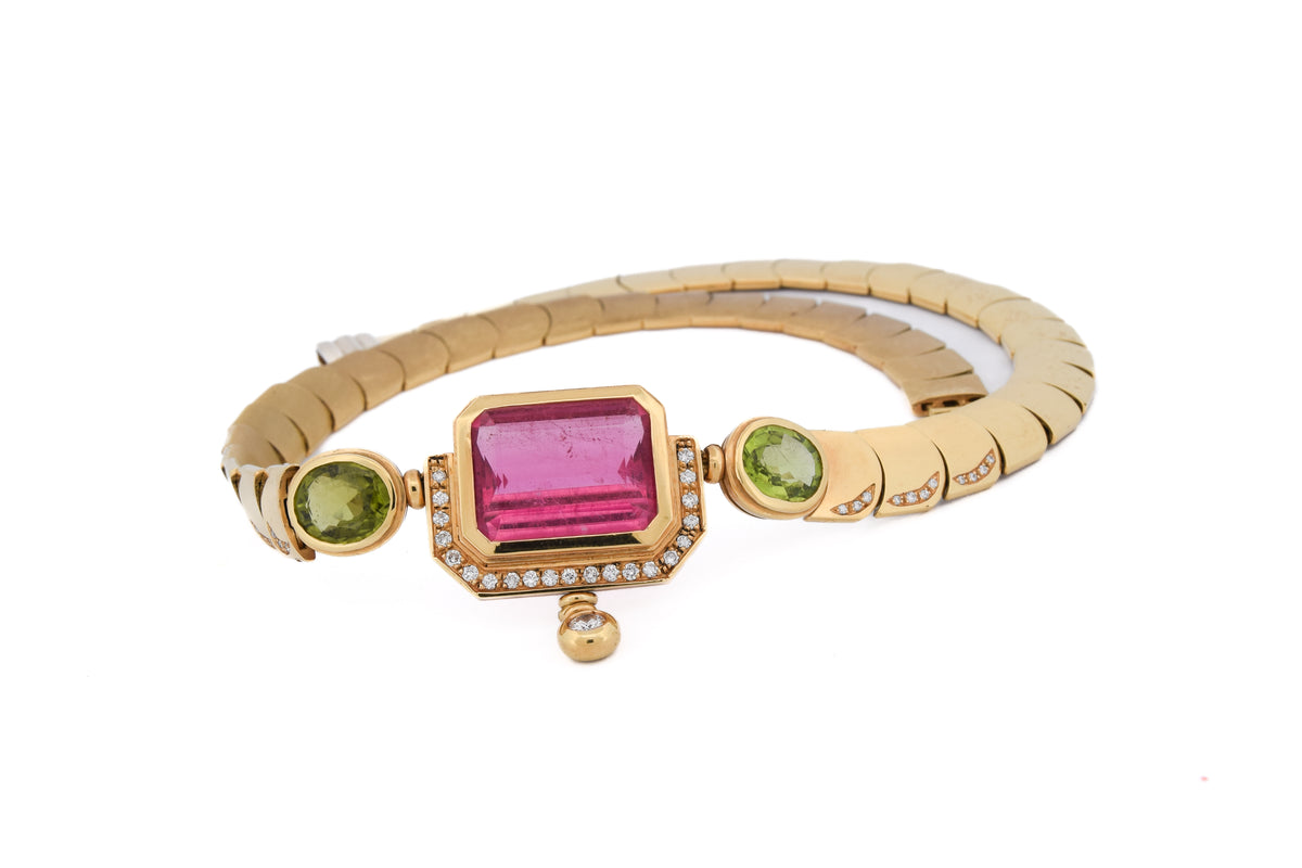 MANCADORI necklace in yellow gold, Tourmaline, Peridot, and Diamonds