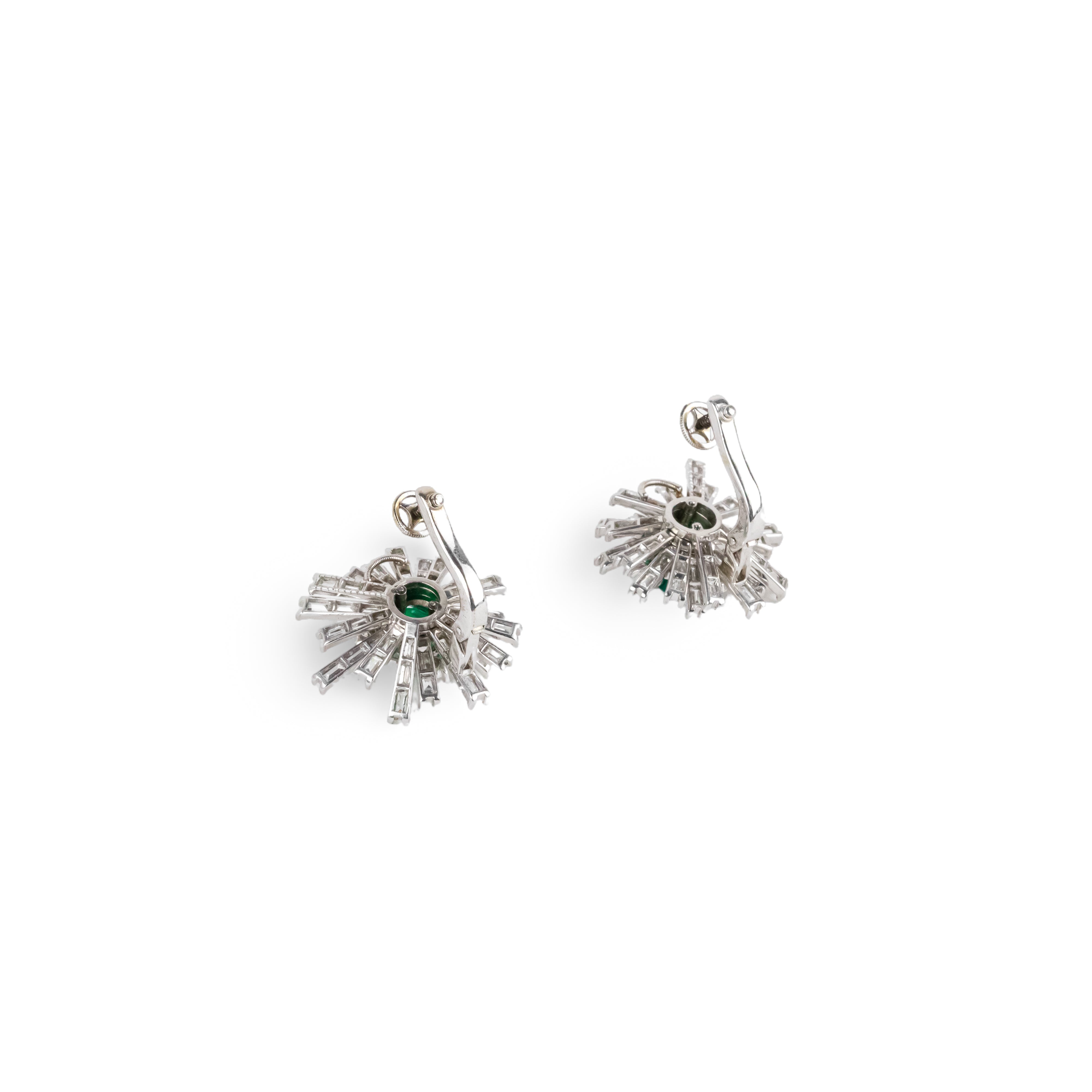 Clip-on earrings in white gold, platinum, Colombian emeralds, and diamonds