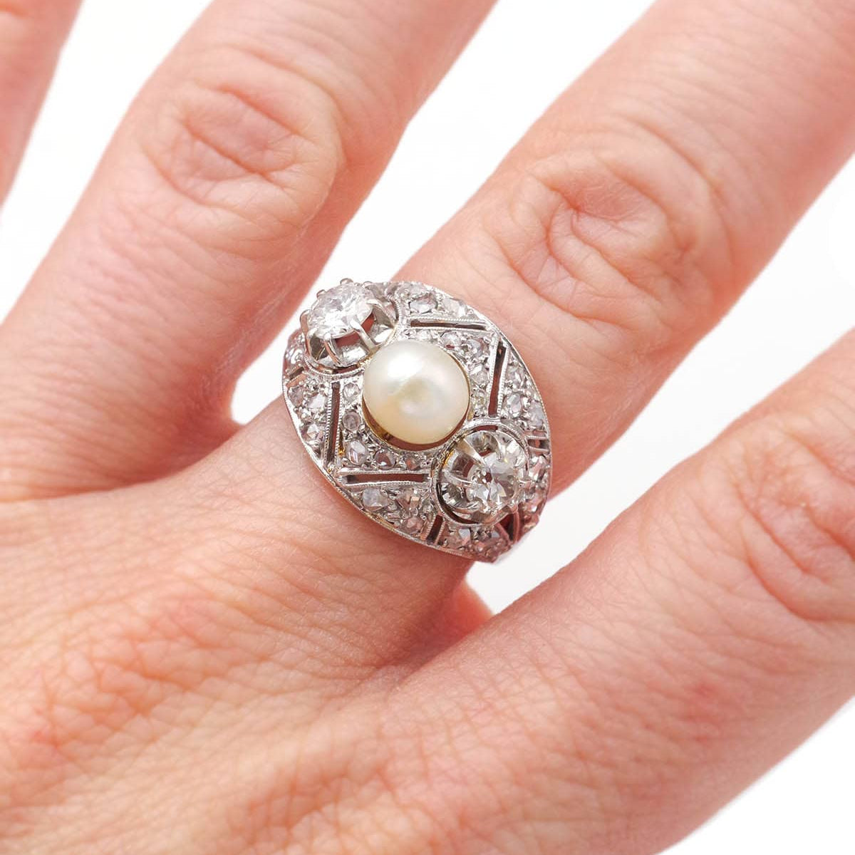 Cocktail Ring in Platinum, Pearl, and Diamonds