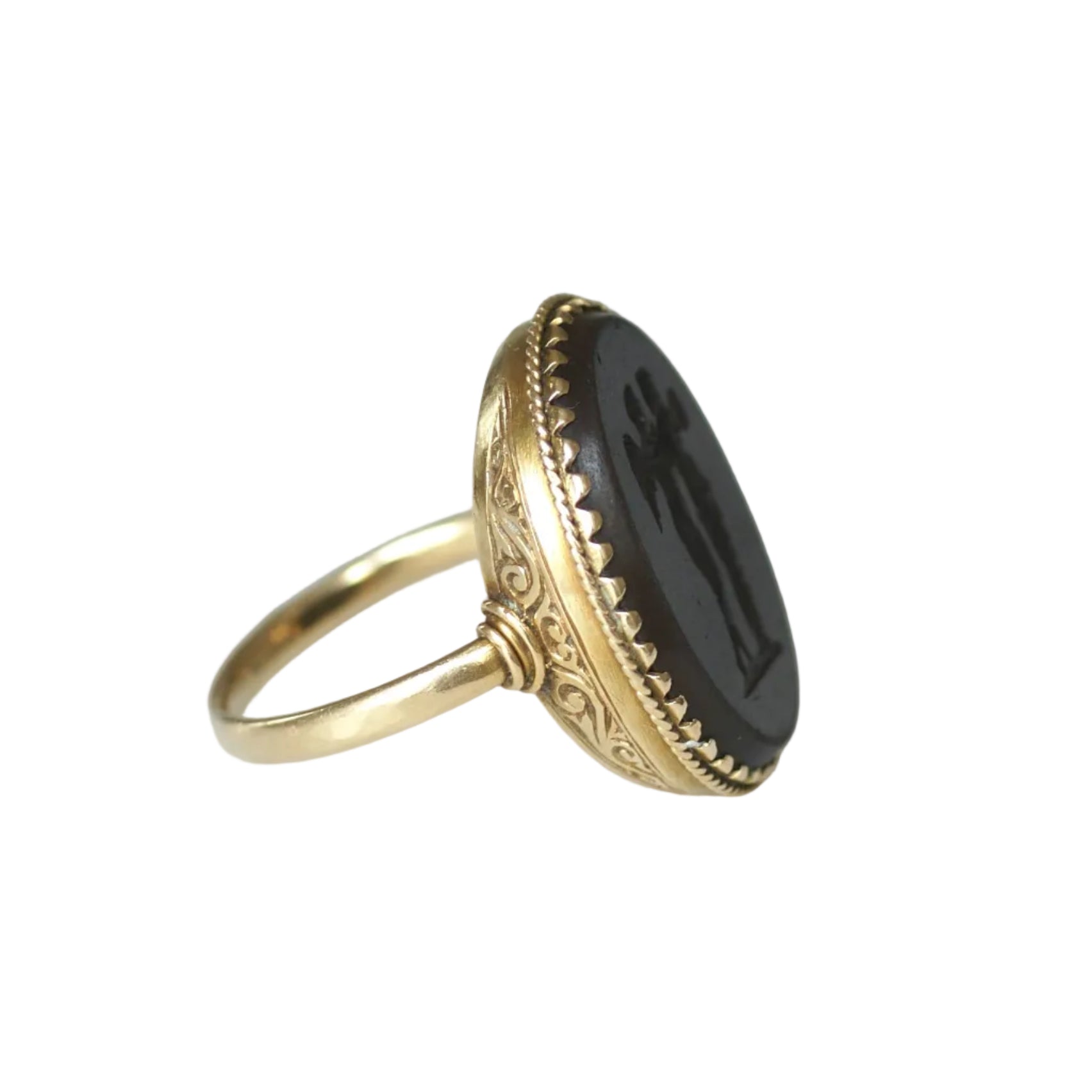 Antique Jasper Intaglio Ring Featuring Cupid and Psyche on Yellow gold