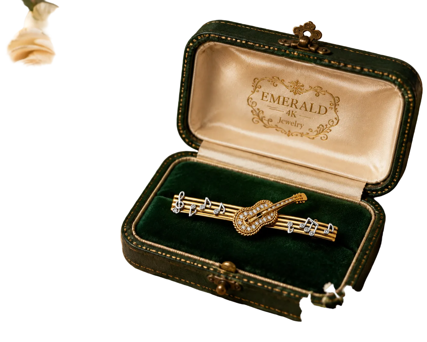 Brooch in yellow gold, white gold, and diamonds