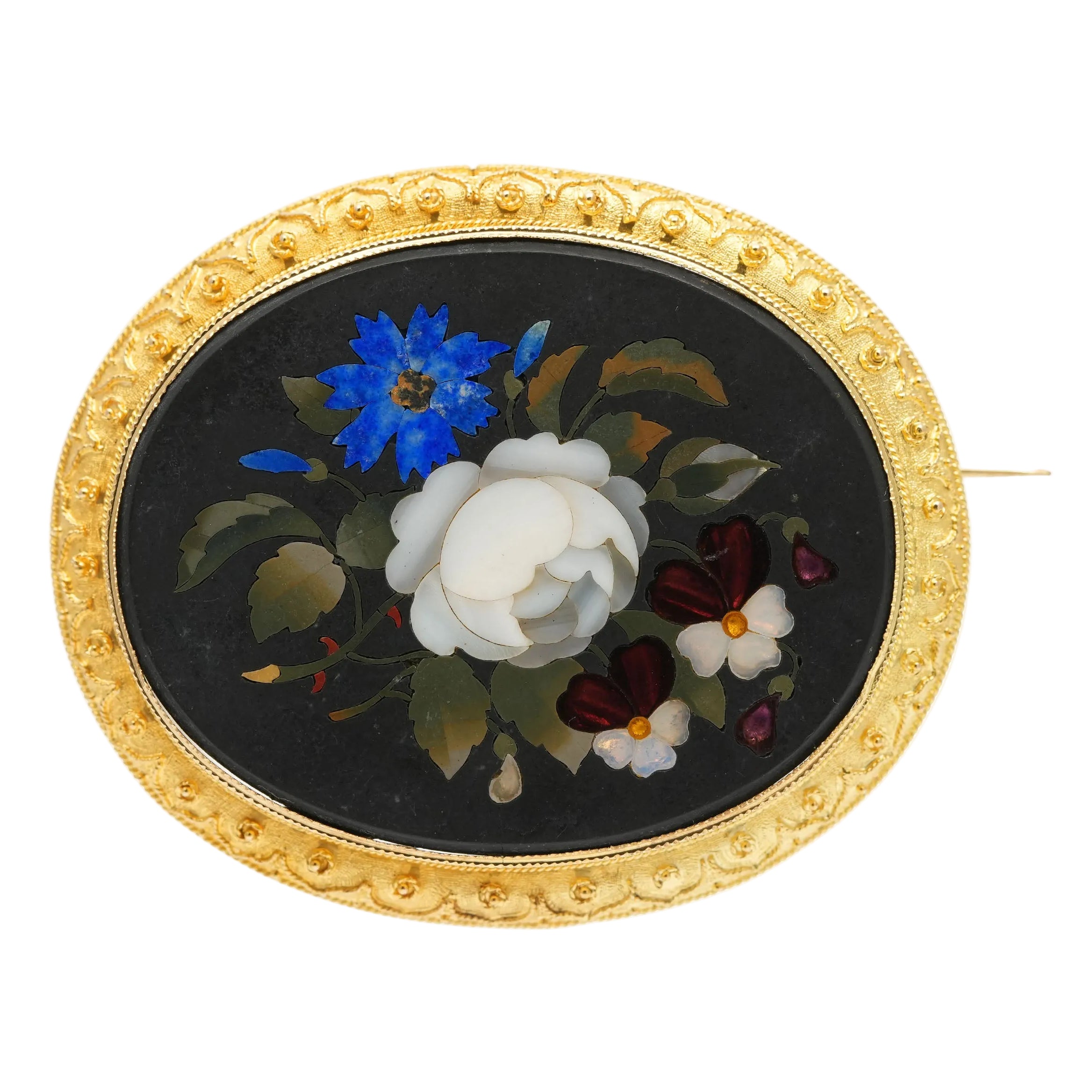 Brooch made of yellow gold, jasper, Lapis lazuli, mother-of-pearl, and opal
