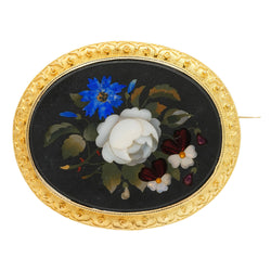 Brooch made of yellow gold, jasper, Lapis lazuli, mother-of-pearl, and opal
