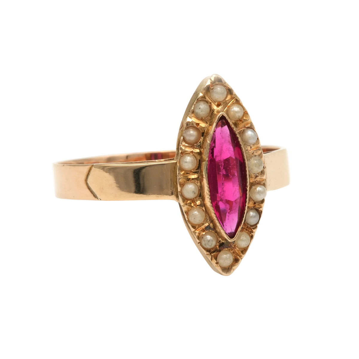 Marquise Ring in Yellow Gold, Pearls, and Rubies