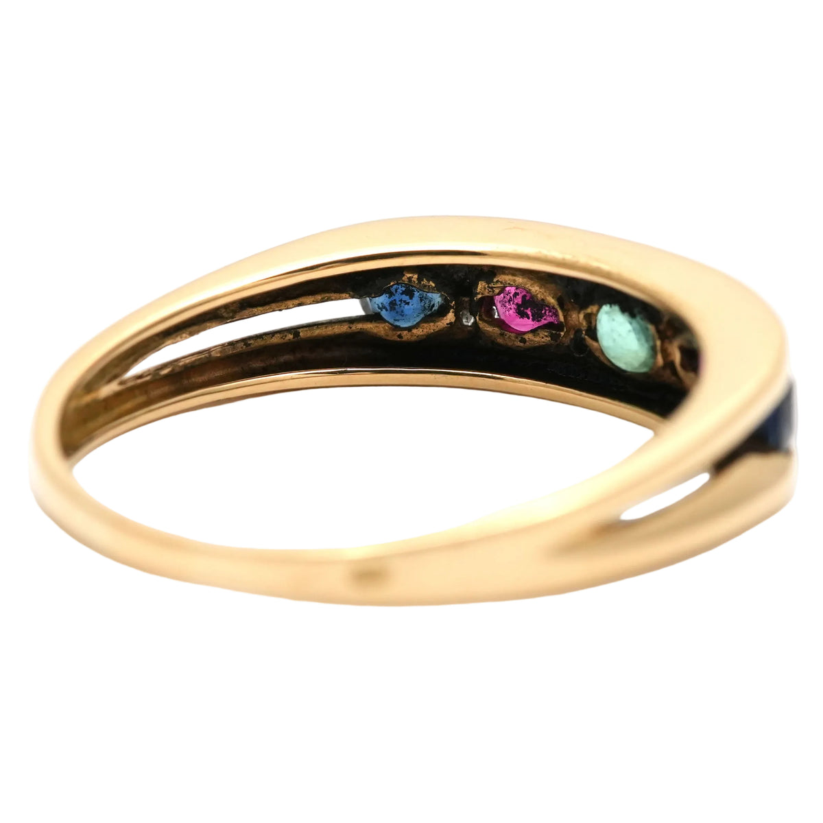 Yellow gold ring with emeralds, rubies, sapphires, and diamonds