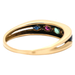Yellow gold ring with emeralds, rubies, sapphires, and diamonds