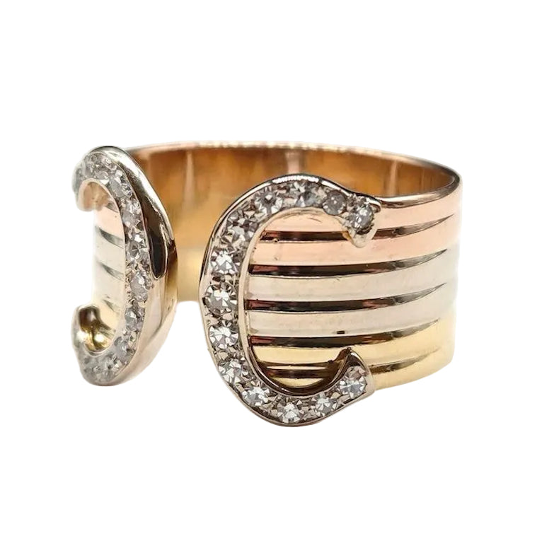 CARTIER "C de Cartier" Band Ring in white gold, yellow gold, rose gold, and diamonds