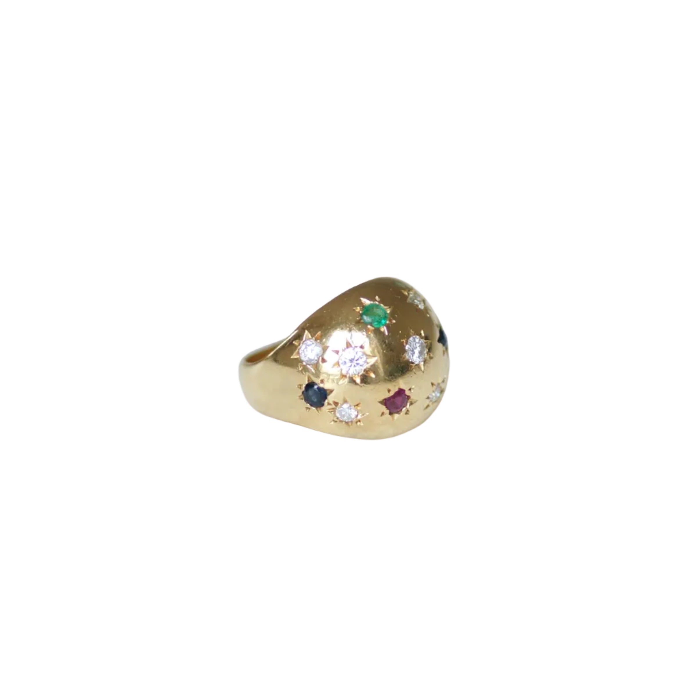 Ring in yellow gold, sapphires, emeralds, rubies, and diamonds