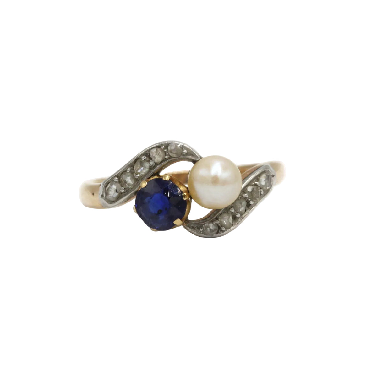 Bague Toi & Moi en or jaune, platine, saphir, perle, et diamants