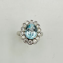 Bague Marguerite en or blanc, aigue-marine et diamants