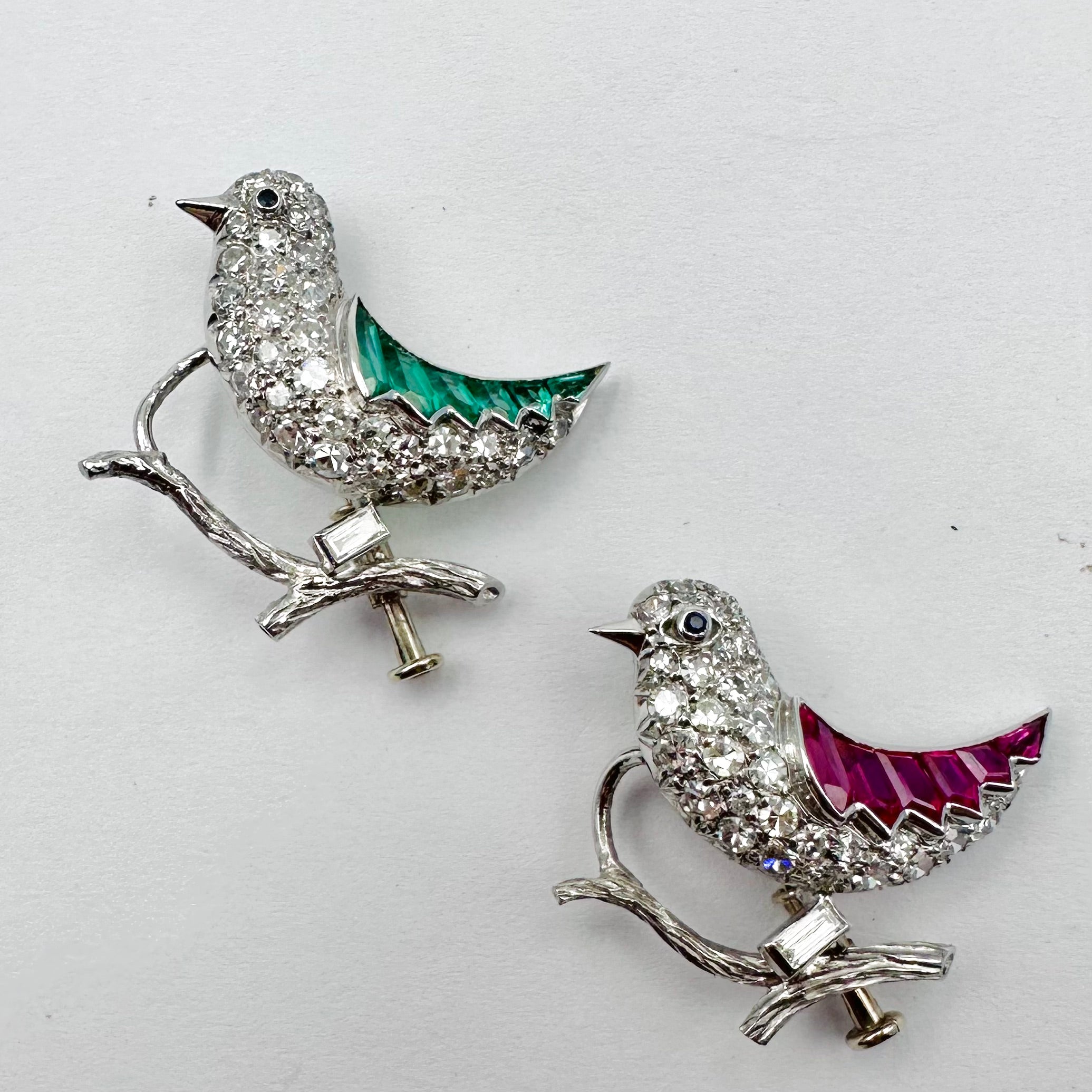 Two "Bird" Brooches in White gold and Platinum