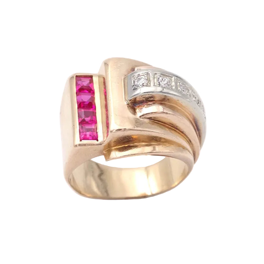 Tank Ring in yellow gold, Platinum, Rubies, and Diamonds