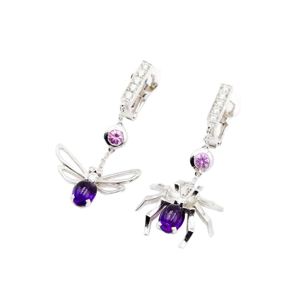 Earrings CHAUMET "Arrêtes moi si tu m'aimes" in white gold, amethyst, pink sapphires and diamonds
