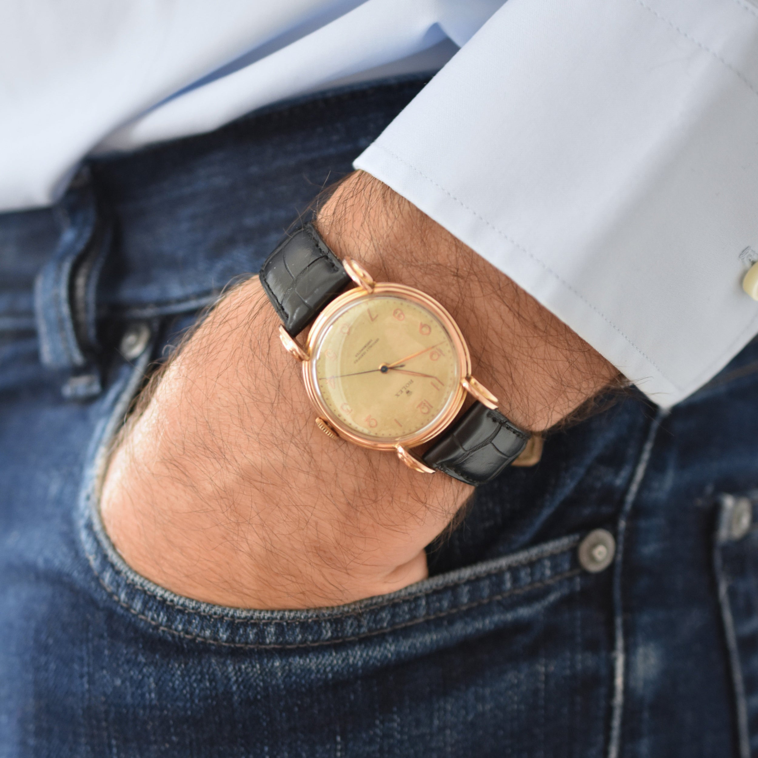 ROLEX "Chronometer" watch in rose gold, steel, and leather