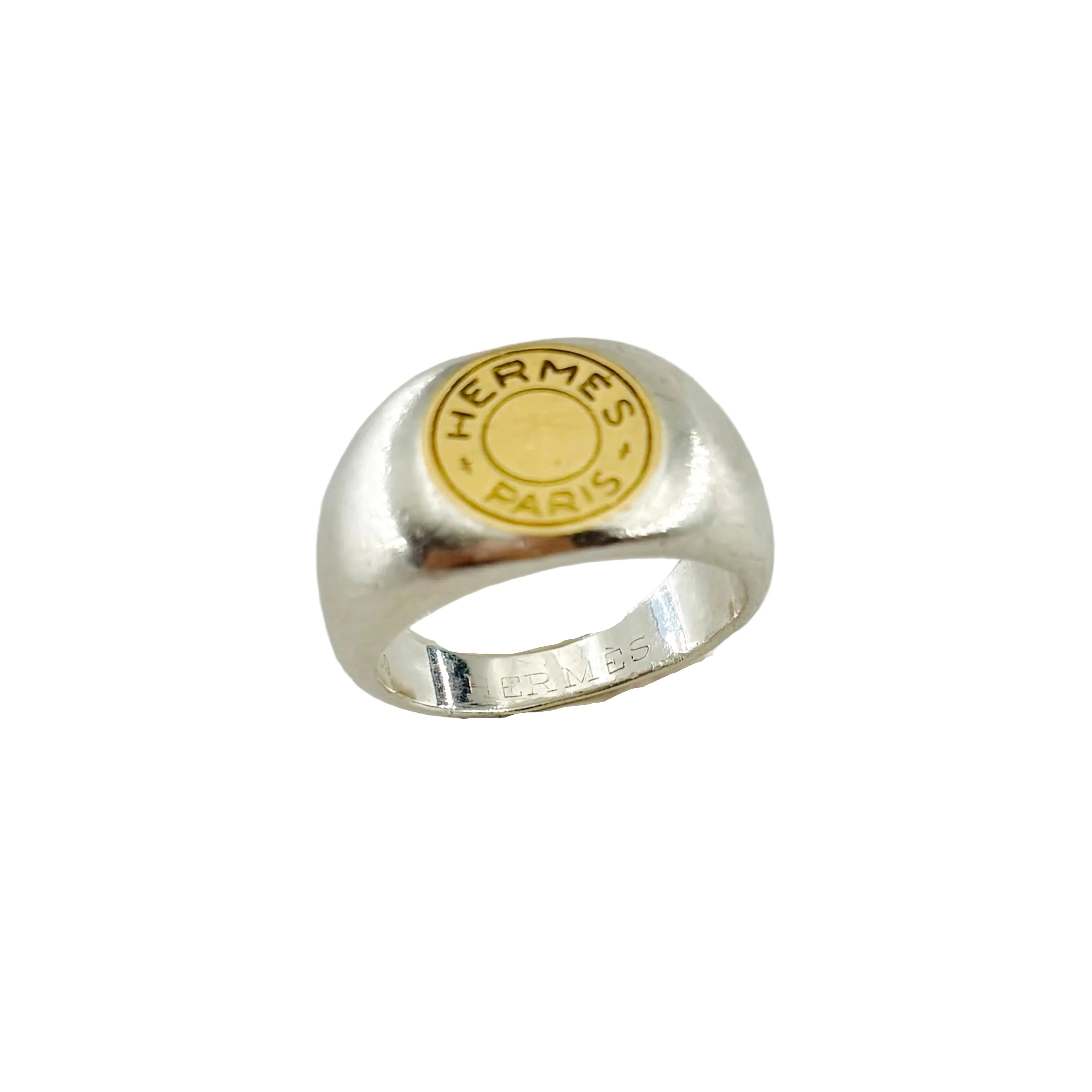 HERMÈS "Clou de selle" Signet ring in Silver and Yellow gold