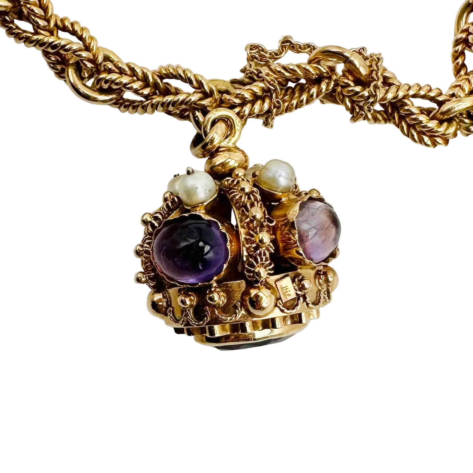 Link Bracelet Yellow gold charms, pearls, amethysts, amazonite, garnet, turquoise, ruby and sapphire