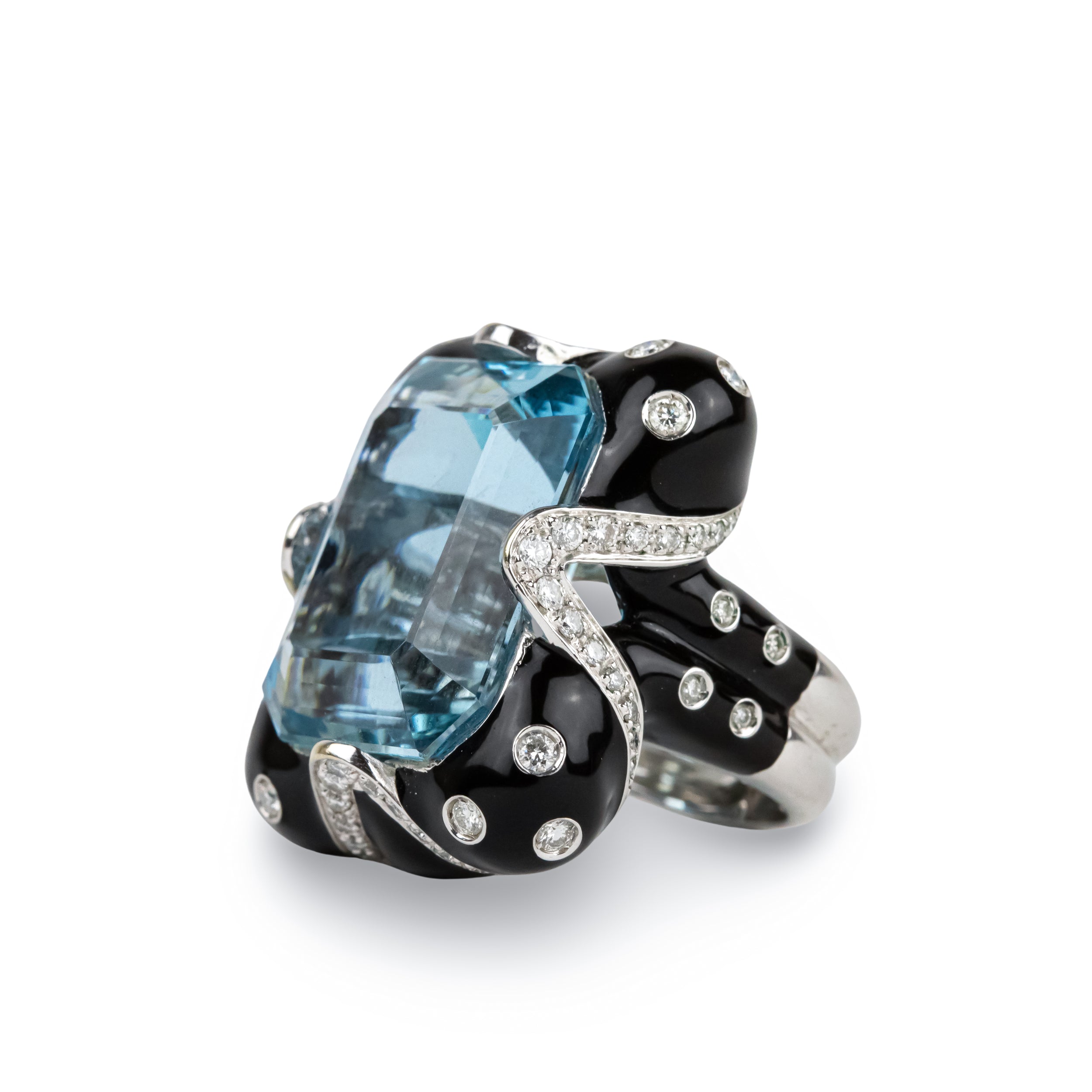 Bague Cocktail ANDRÉOLI Santa Maria en or blanc, résine, aigue-marine et diamants