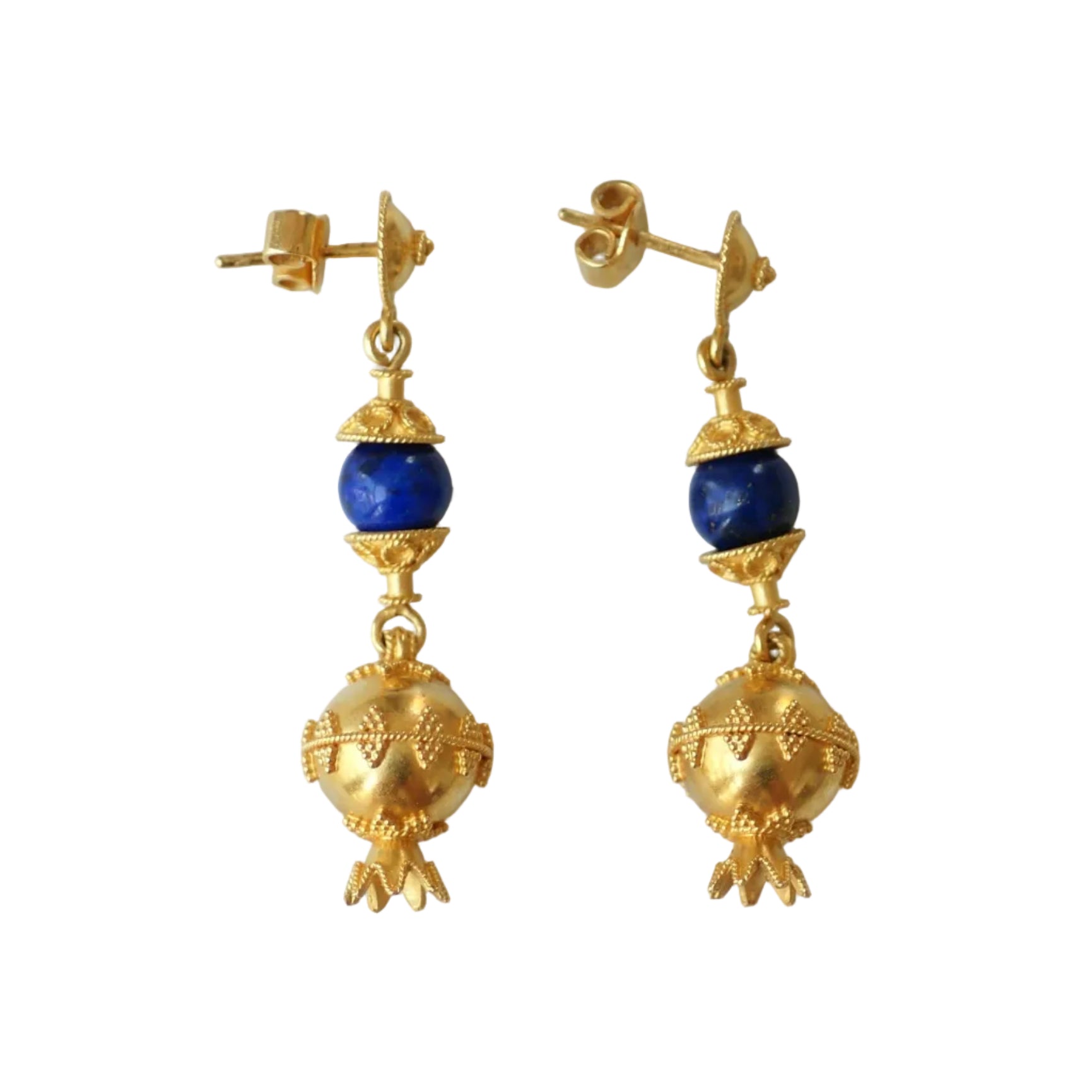 Drop Earrings in Yellow Gold, Lapis lazuli, and Garnets