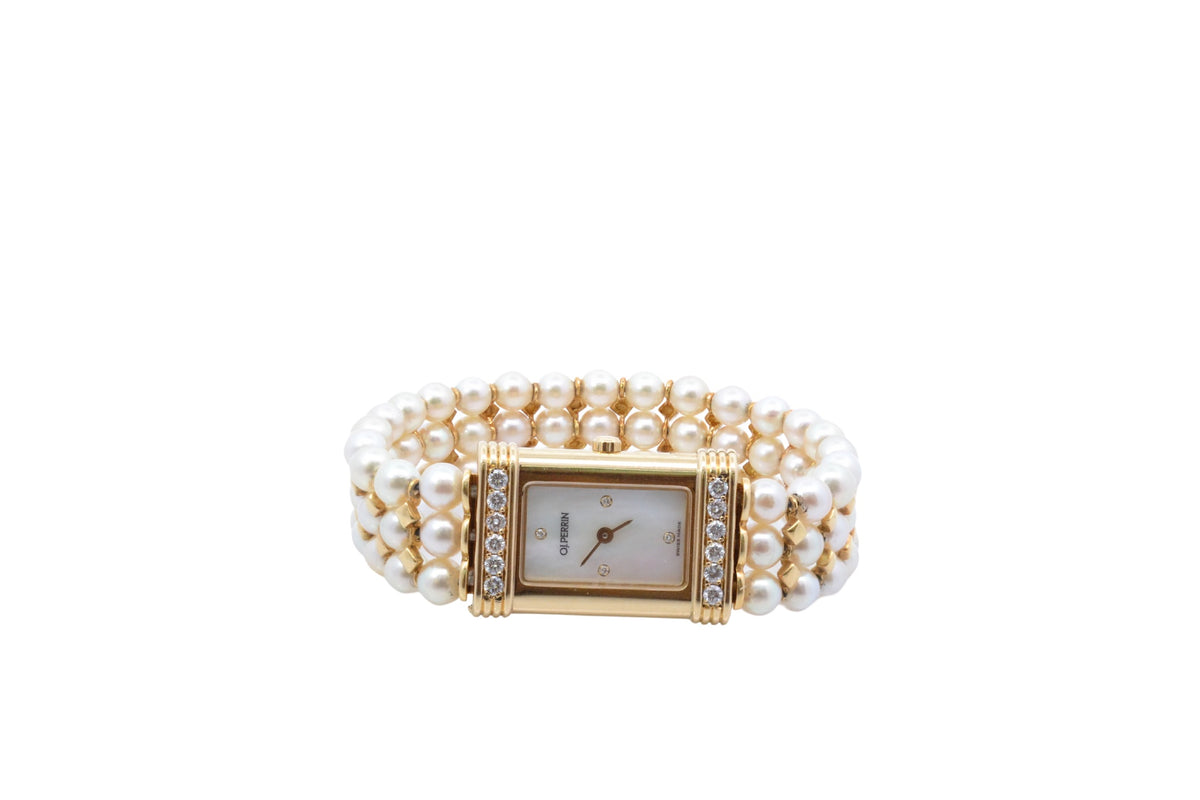 OJ Perrin watch in yellow gold, pearls, and diamonds