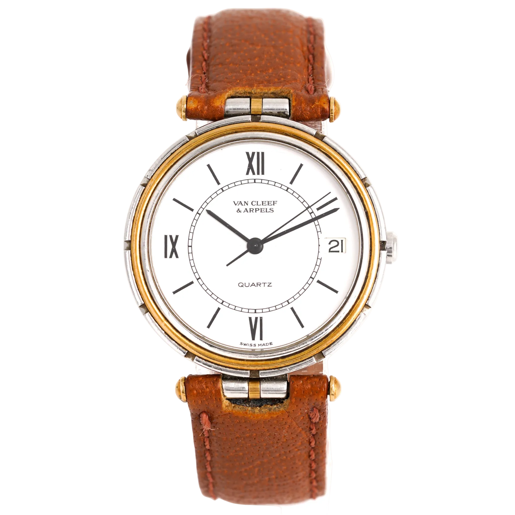 VAN CLEEF & ARPELS "PA 49" GM Watch in yellow gold, stainless steel, and leather