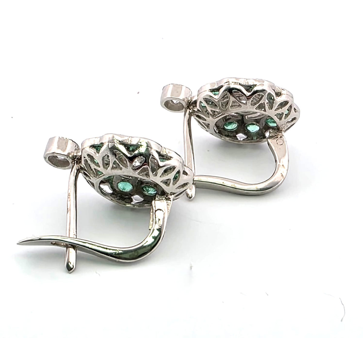 Platinum Lever-back Earrings with Emeralds and Diamonds