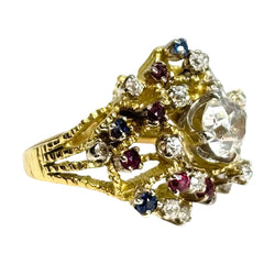 Antique yellow gold ring with rubies, sapphires, and diamonds