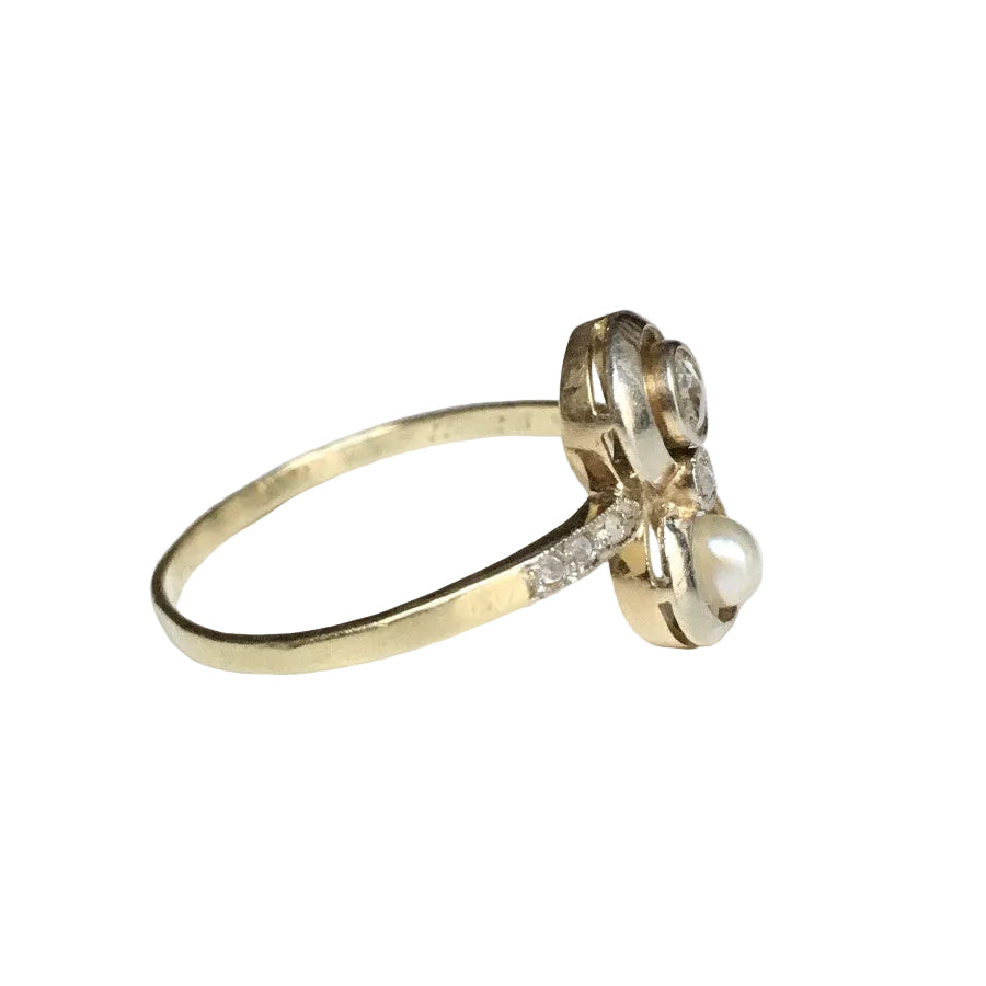 Bague Toi & Moi en or jaune, platine, perle et diamants