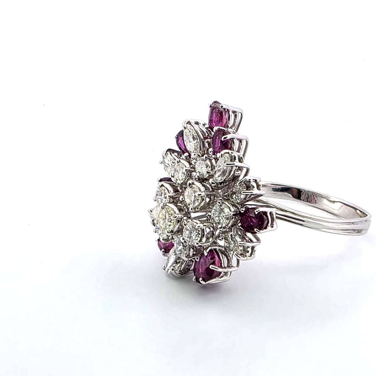 Marguerite Ring in White Gold, Rubies, and Diamonds