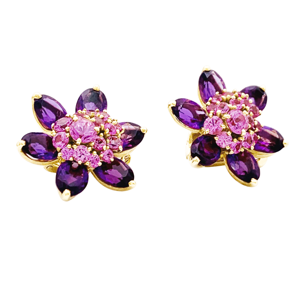Earrings Van Cleef & Arpels, "Flowers of Hawaii", yellow gold, amethyst, pink sapphires.