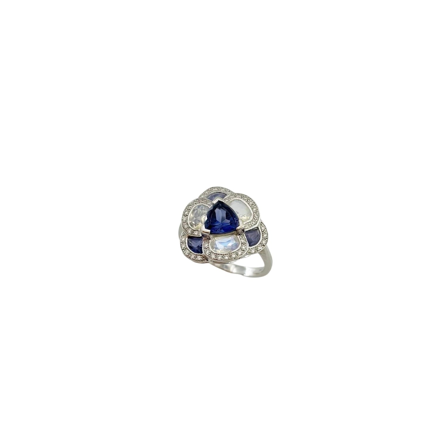 ISABELLE LANGLOIS "Flora Pensée" Entourage Ring in white gold, moonstones, iolites, and diamonds