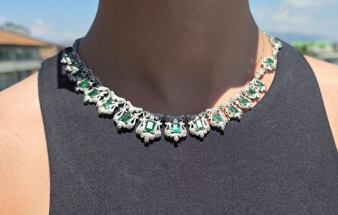 Plastron necklace in platinum, emeralds, and diamonds