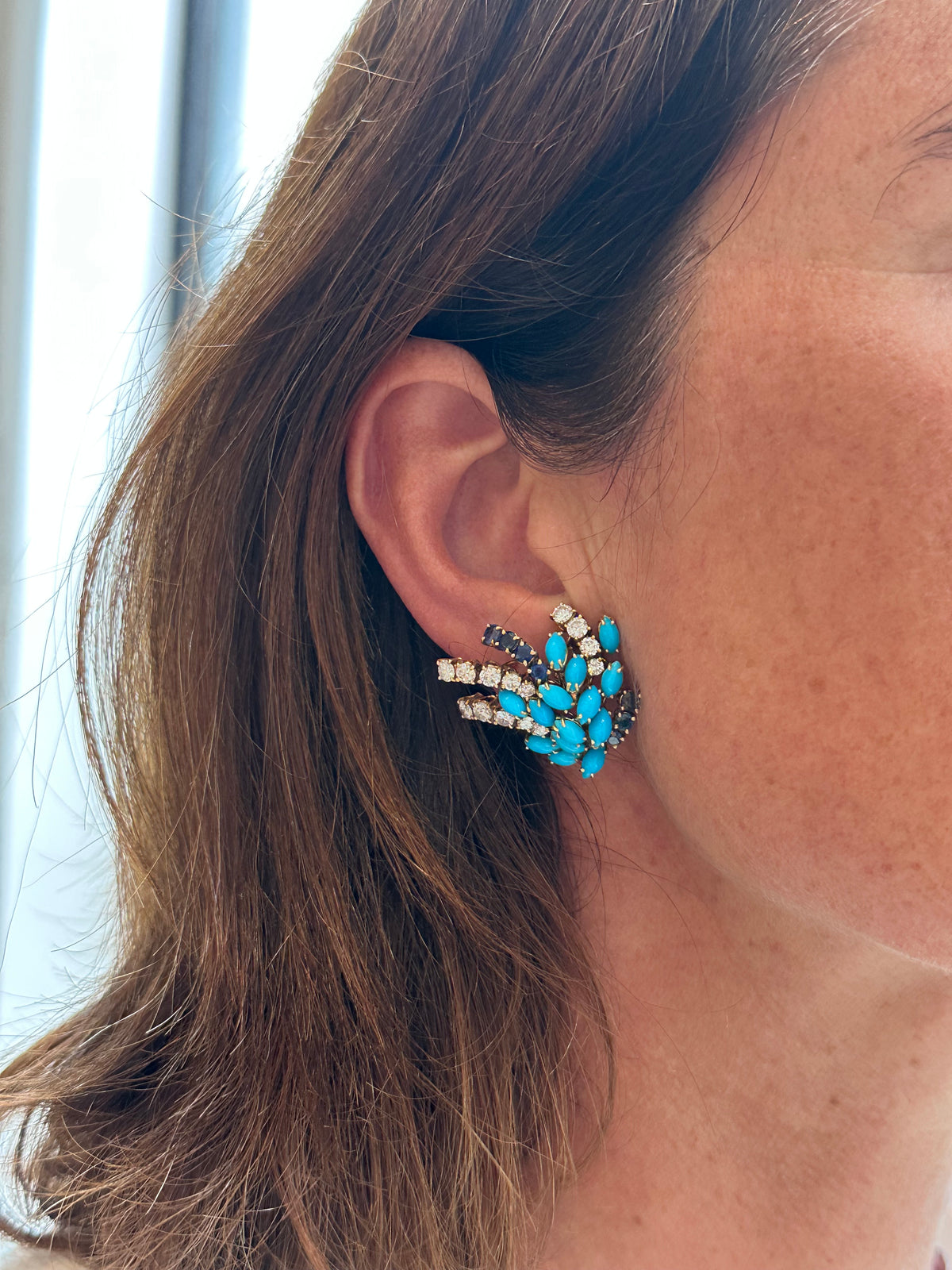 BOUCHERON Yellow Gold Clip-On Earrings with Turquoises, Sapphires, and Diamonds