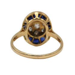 Ring in yellow gold, platinum, sapphires, and diamonds
