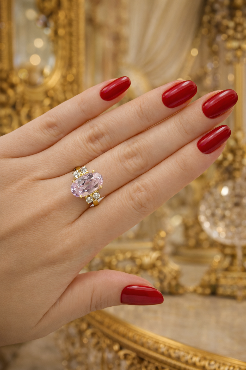 Bague Trilogie en or jaune, kunzite et diamants