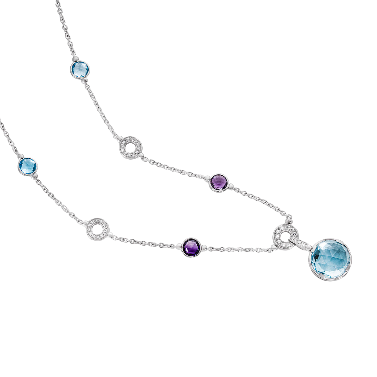 BVLGARI "Parentesi Cocktail" Necklace in white gold, blue topazes, amethysts and diamonds