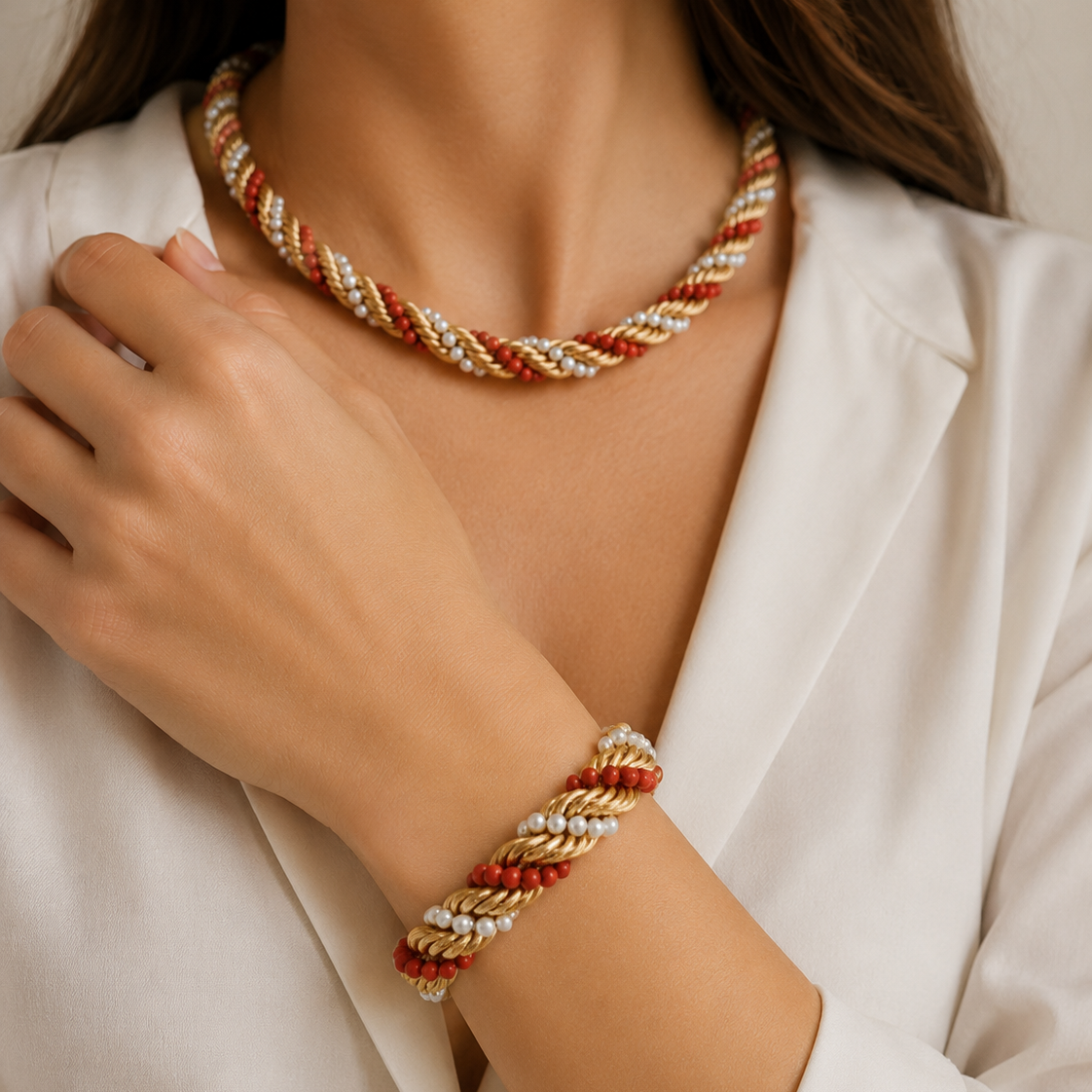 Set of jewelry in yellow gold, coral, and pearls