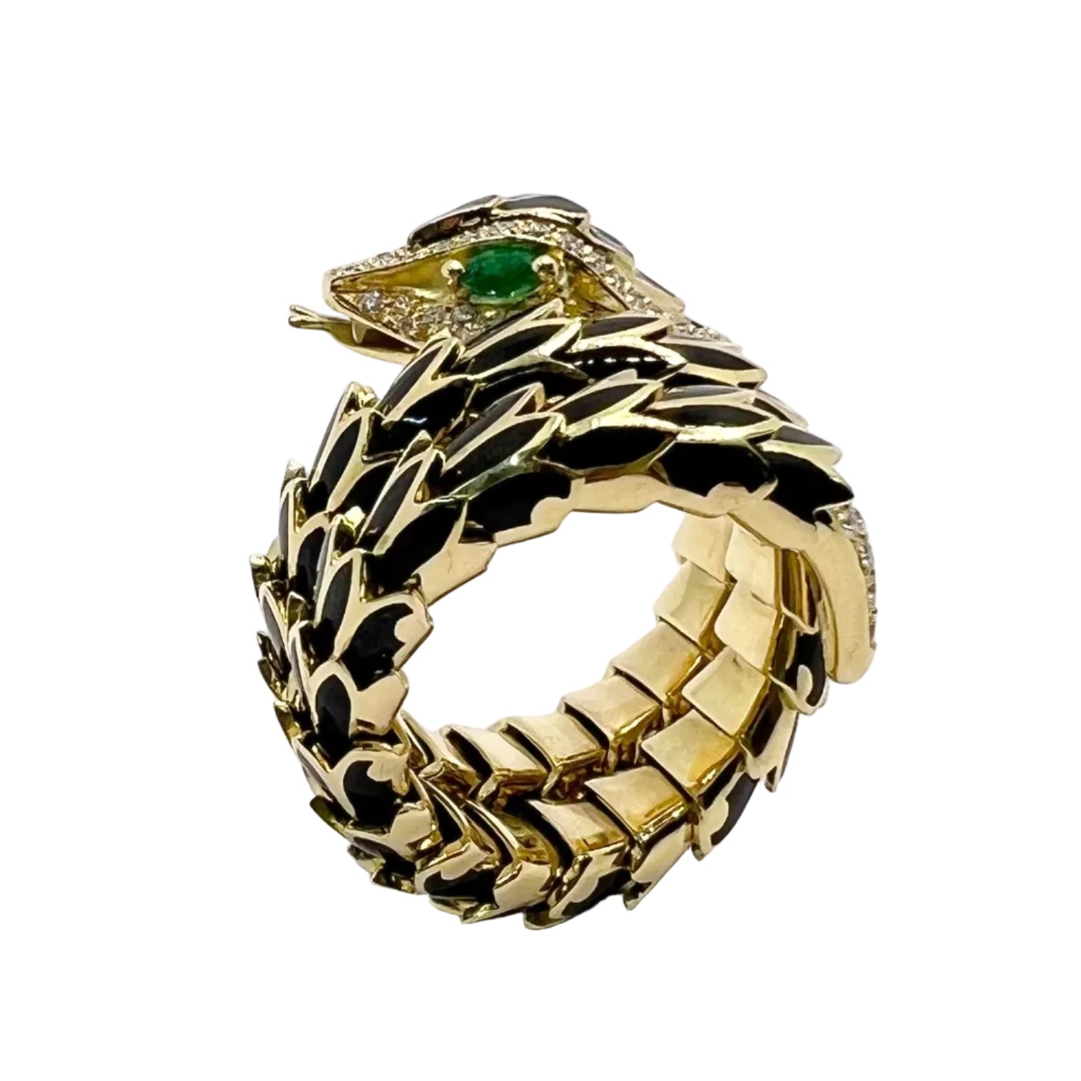 Ring in yellow gold, Enamel, emeralds, and Diamonds